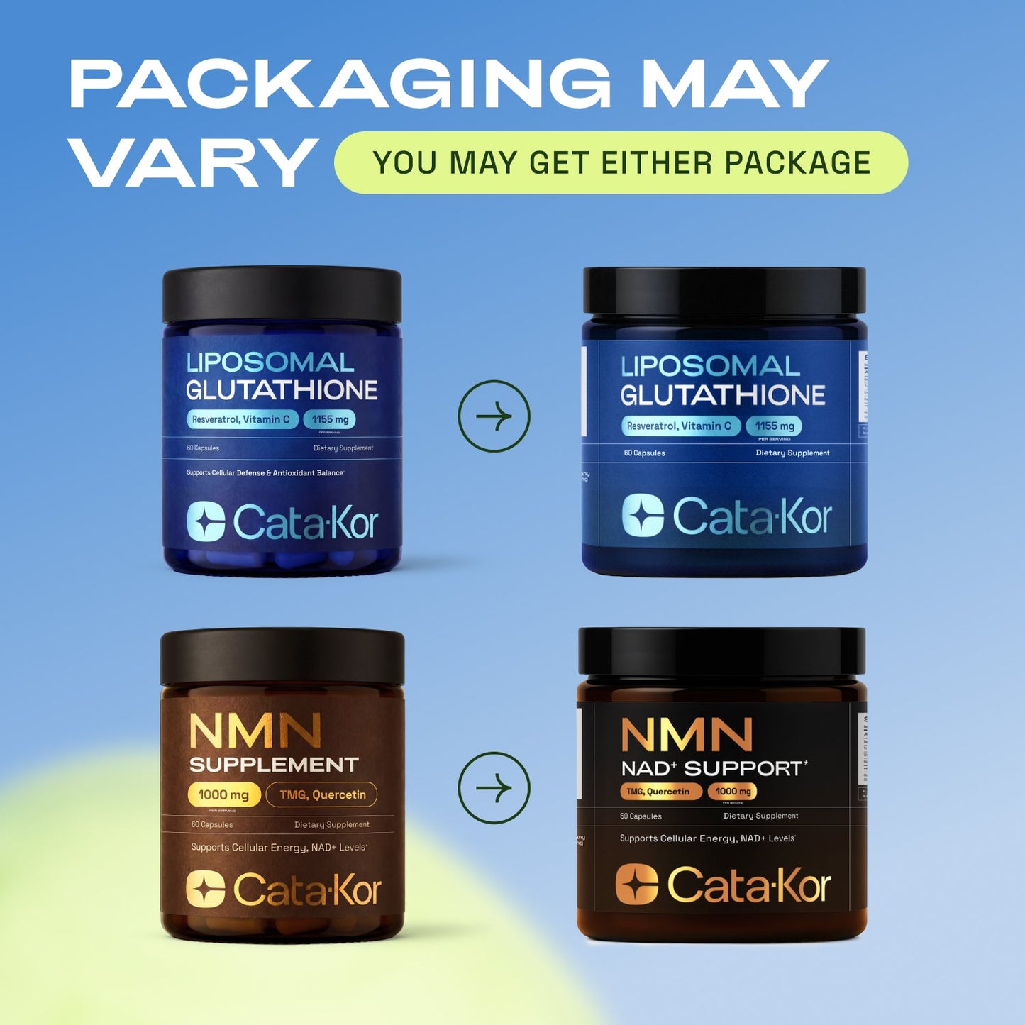 CEO's Bundle - Cata-Kor Liposomal Glutathione 500 mg, NMN 1000 mg, NAD+ Advanced 500 mg, CA AKG 1000 mg, Biotin, MSM, TMG, Hyaluronic Acid