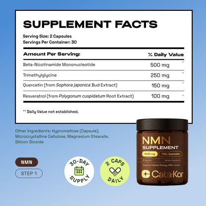 Cata-Kor Ultimate Longevity - NMN 1000 mg, Liposomal Glutathione 500 mg, CA AKG, Biotin, Hyaluronic Acid, MSM, Vitamin C