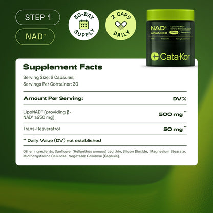 Cata-Kor Cellular Power Trio - NAD Advanced 500 mg, NMN 1000 mg, CA AKG 1000 mg - Resveratrol, TMG, MSM